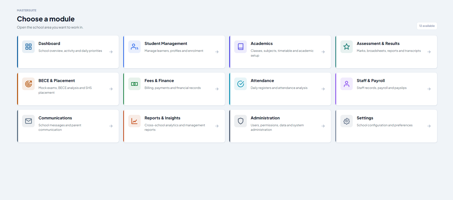 MasterSuite Module Launcher showing available school management modules